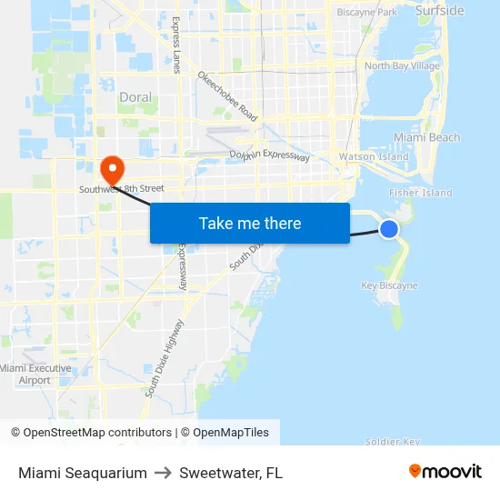 Miami Seaquarium to Sweetwater, FL map