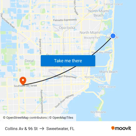Collins Av & 96 St to Sweetwater, FL map