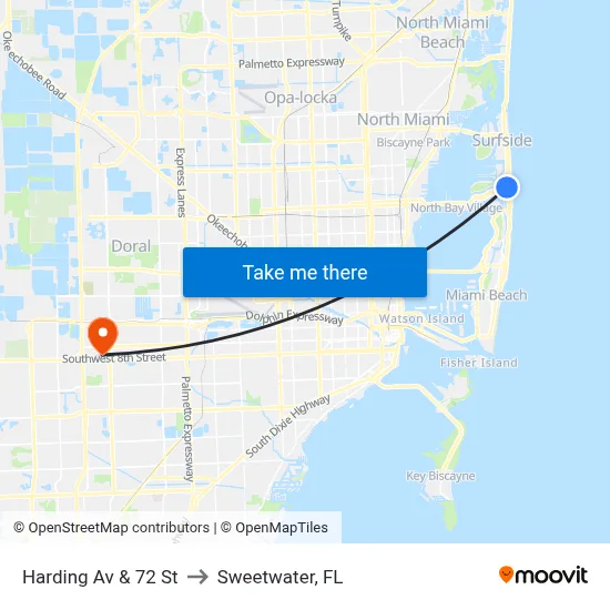 Harding Av & 72 St to Sweetwater, FL map