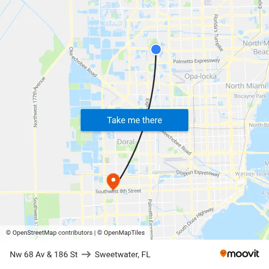 Nw 68 Av & 186 St to Sweetwater, FL map