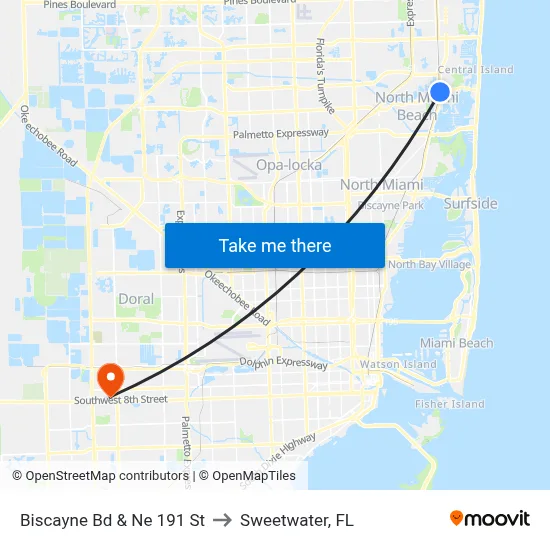 Biscayne Bd & Ne 191 St to Sweetwater, FL map