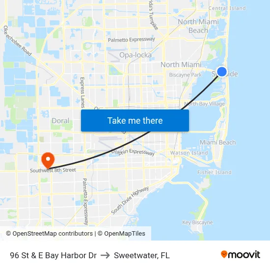 96 St & E Bay Harbor Dr to Sweetwater, FL map