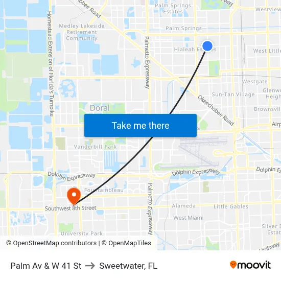 Palm Av & W 41 St to Sweetwater, FL map