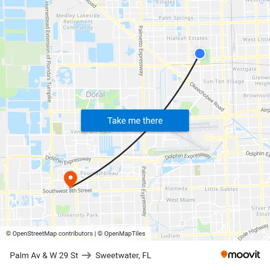 Palm Av & W 29 St to Sweetwater, FL map