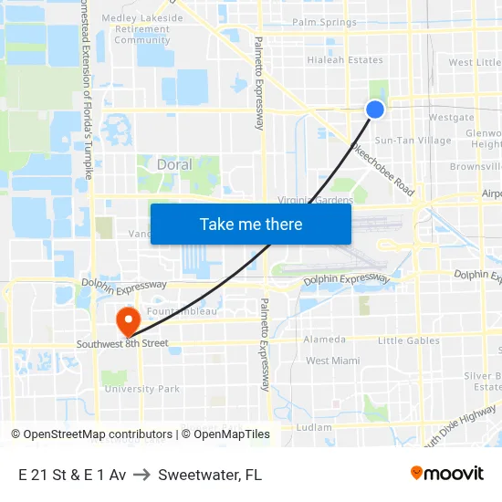 E 21 St & E 1 Av to Sweetwater, FL map