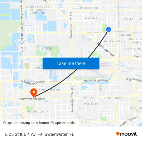 E 25 St & E 4 Av to Sweetwater, FL map