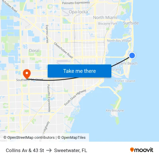 Collins Av & 43 St to Sweetwater, FL map