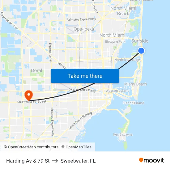 Harding Av & 79 St to Sweetwater, FL map