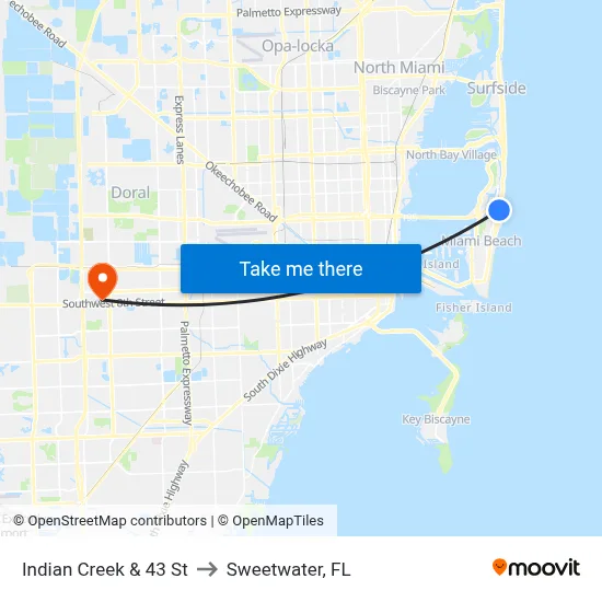 Indian Creek & 43 St to Sweetwater, FL map