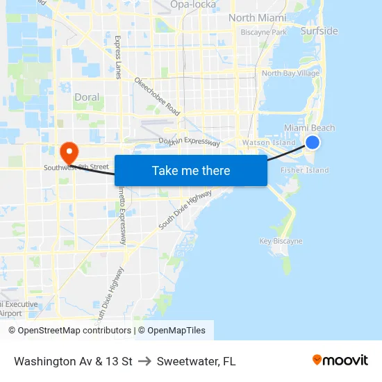 Washington Av & 13 St to Sweetwater, FL map