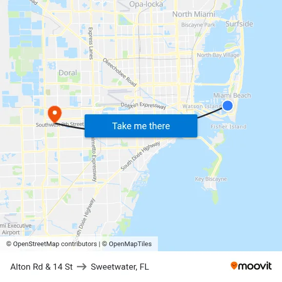 Alton Rd & 14 St to Sweetwater, FL map