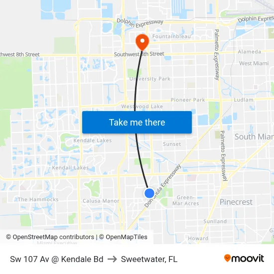 Sw 107 Av @ Kendale Bd to Sweetwater, FL map