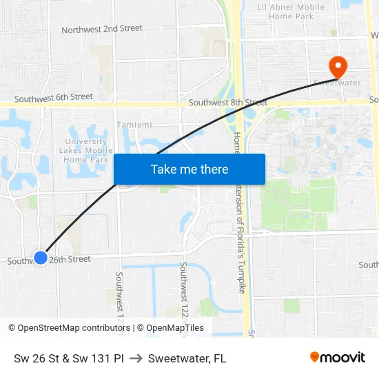 Sw 26 St & Sw 131 Pl to Sweetwater, FL map
