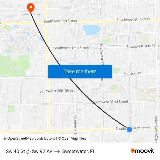 Sw 40 St @ Sw 92 Av to Sweetwater, FL map