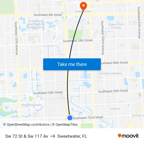 Sw 72 St & Sw 117 Av to Sweetwater, FL map