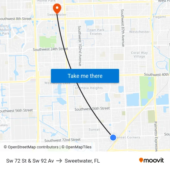Sw 72 St & Sw 92 Av to Sweetwater, FL map
