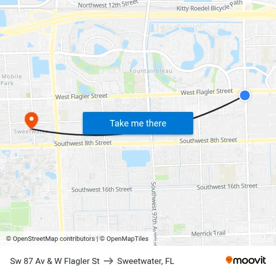 Sw 87 Av & W Flagler St to Sweetwater, FL map