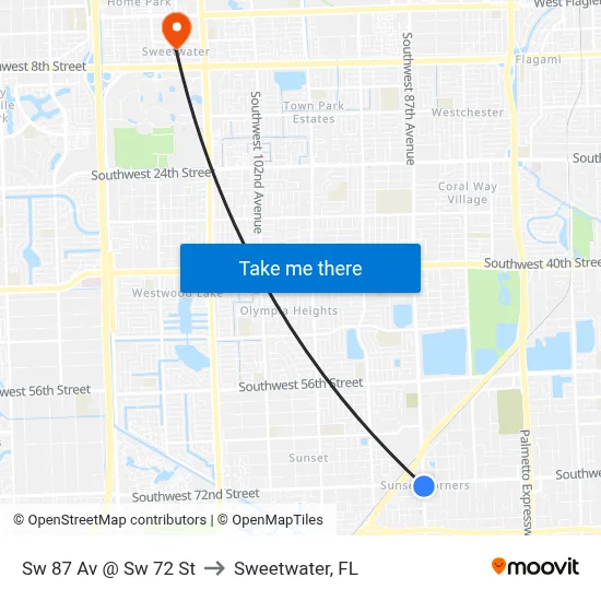 Sw 87 Av @ Sw 72 St to Sweetwater, FL map