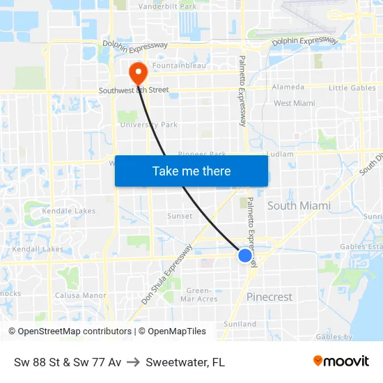 Sw 88 St & Sw 77 Av to Sweetwater, FL map