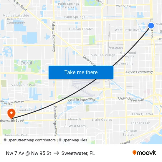 Nw 7 Av @ Nw 95 St to Sweetwater, FL map