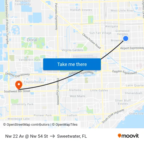 Nw 22 Av @ Nw 54 St to Sweetwater, FL map