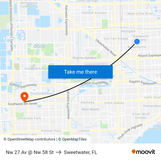 Nw 27 Av @ Nw 58 St to Sweetwater, FL map