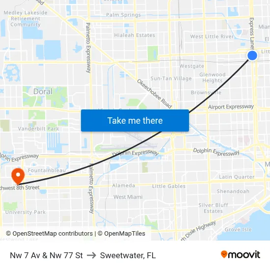Nw 7 Av & Nw 77 St to Sweetwater, FL map