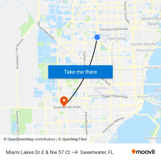 Miami Lakes Dr E & Nw 57 Ct to Sweetwater, FL map
