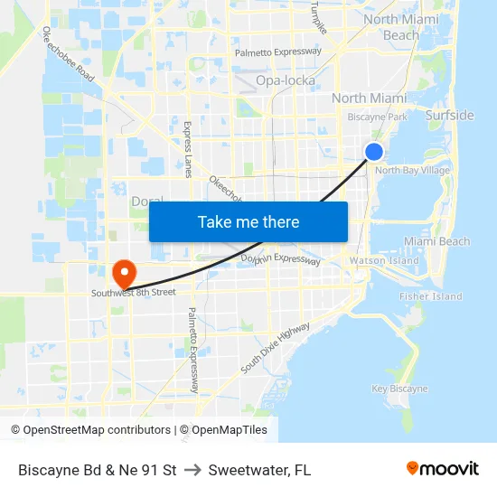 Biscayne Bd & Ne 91 St to Sweetwater, FL map