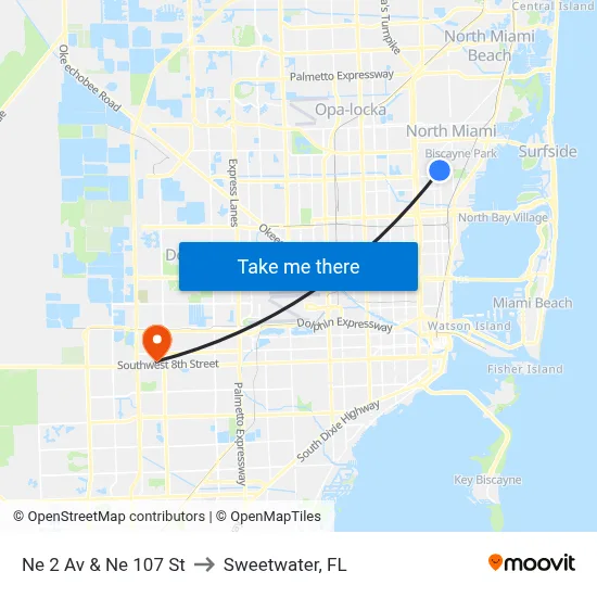 Ne 2 Av & Ne 107 St to Sweetwater, FL map