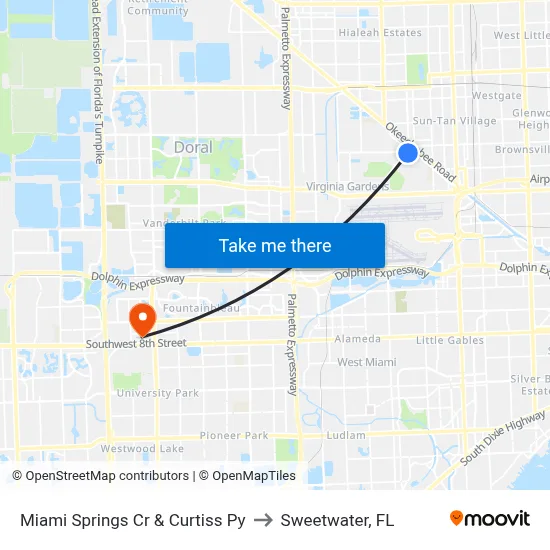 Miami Springs Cr & Curtiss Py to Sweetwater, FL map