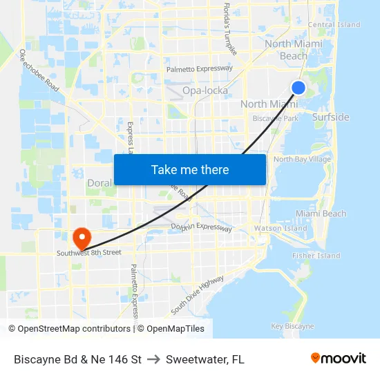 Biscayne Bd & Ne 146 St to Sweetwater, FL map