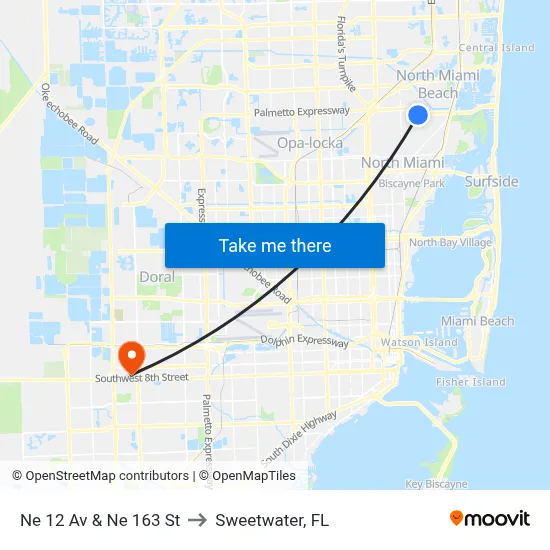 Ne 12 Av & Ne 163 St to Sweetwater, FL map