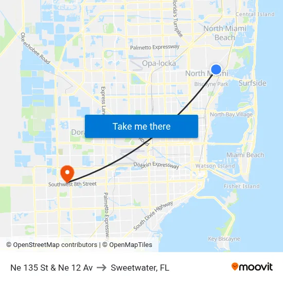 Ne 135 St & Ne 12 Av to Sweetwater, FL map