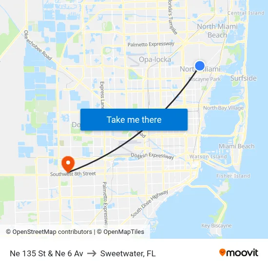 Ne 135 St & Ne 6 Av to Sweetwater, FL map