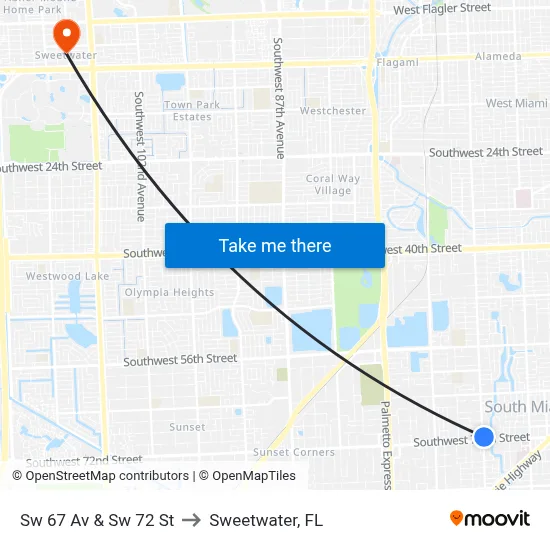 Sw 67 Av & Sw 72 St to Sweetwater, FL map