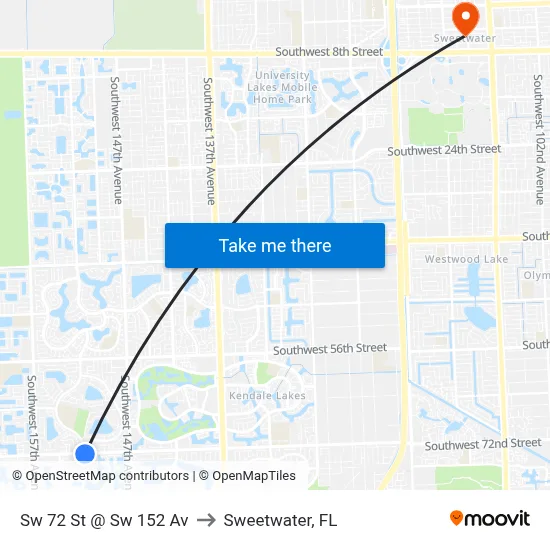 Sw 72 St @ Sw 152 Av to Sweetwater, FL map