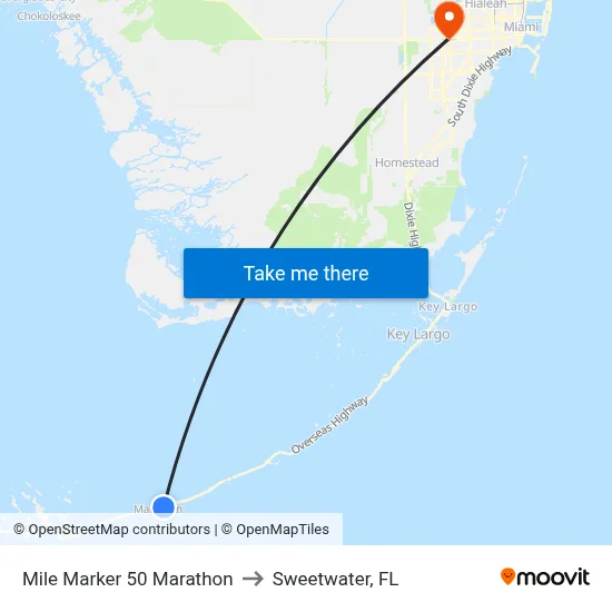 Mile Marker 50 Marathon to Sweetwater, FL map