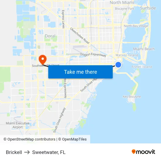 Brickell to Sweetwater, FL map