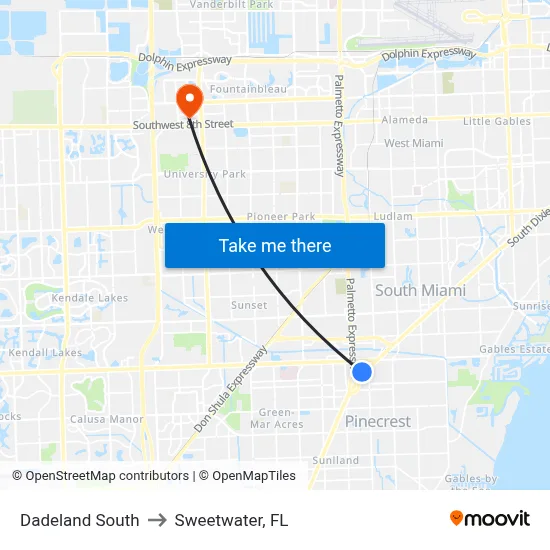 Dadeland South to Sweetwater, FL map
