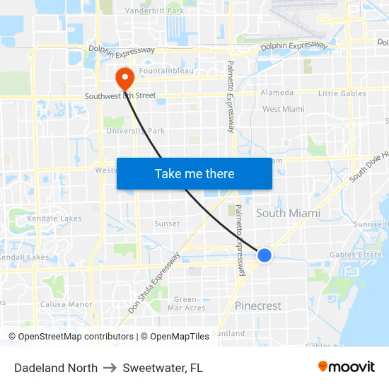Dadeland North to Sweetwater, FL map