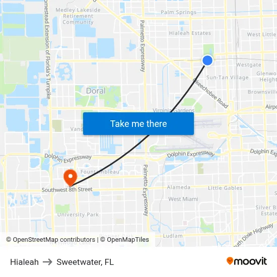 Hialeah to Sweetwater, FL map