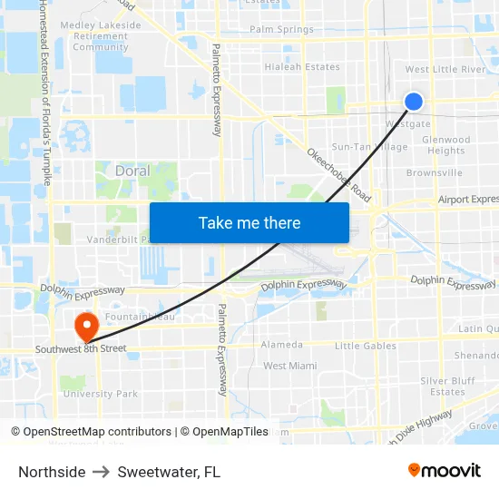 Northside to Sweetwater, FL map