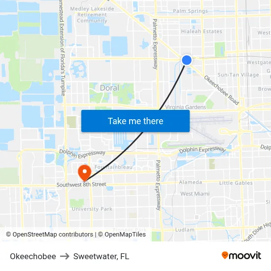 Okeechobee to Sweetwater, FL map