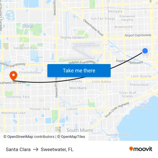 Santa Clara to Sweetwater, FL map