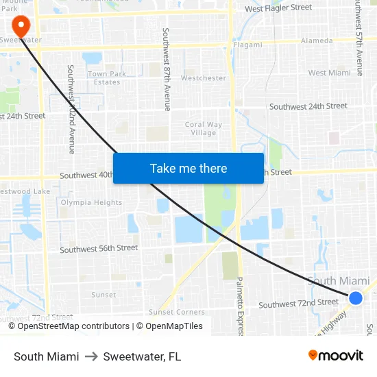 South Miami to Sweetwater, FL map