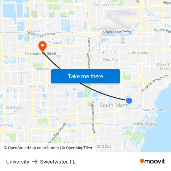 University to Sweetwater, FL map