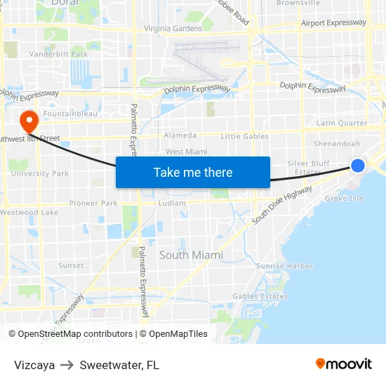 Vizcaya to Sweetwater, FL map