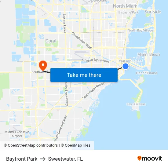 Bayfront Park to Sweetwater, FL map