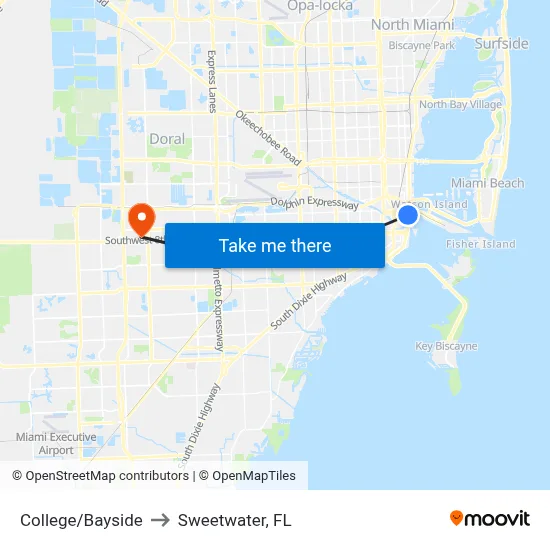 College/Bayside to Sweetwater, FL map